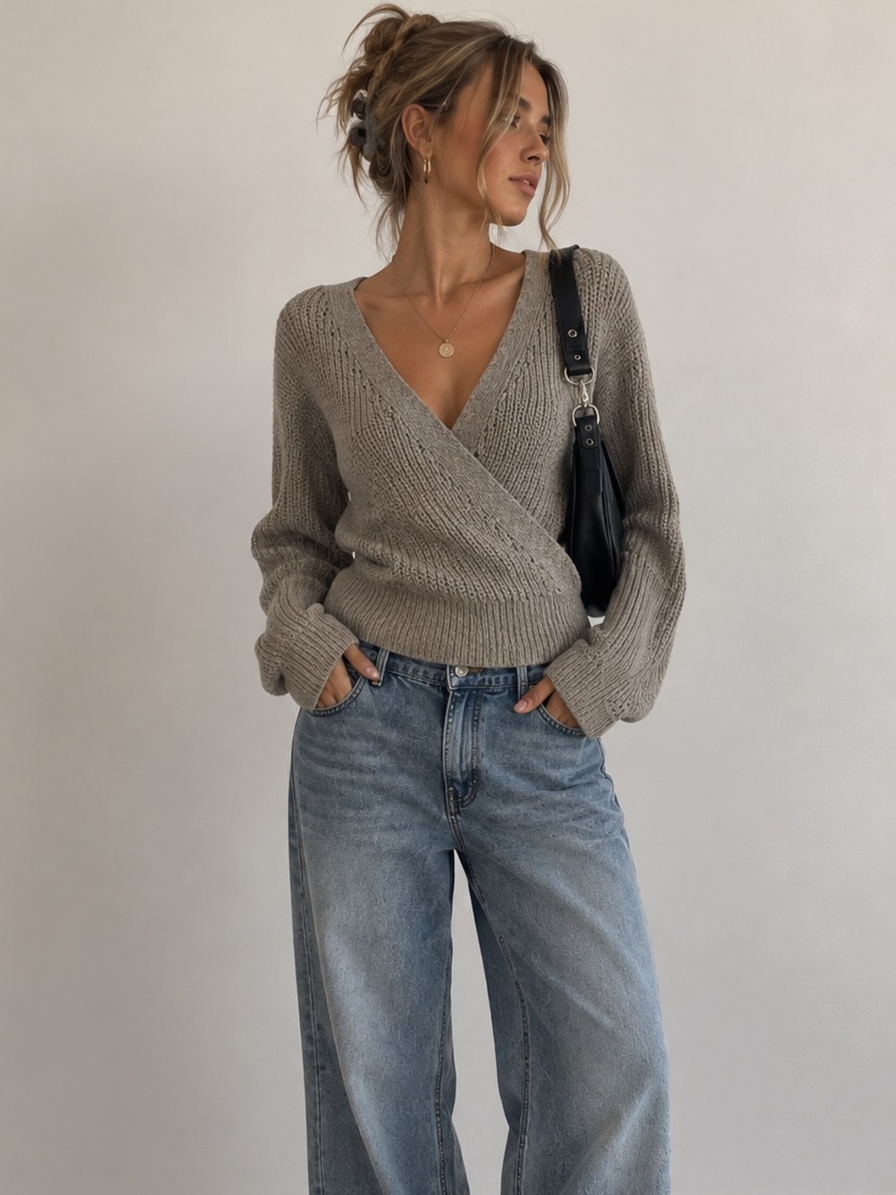 Grey chunky knit y2k inspired  wrap cardigan by Abercrombie and fitch